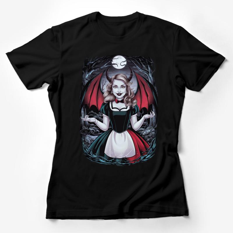 Gothic Fantasy Art T-Shirt - Elegant Demoness with Horns and Wings Design Female T-Shirt