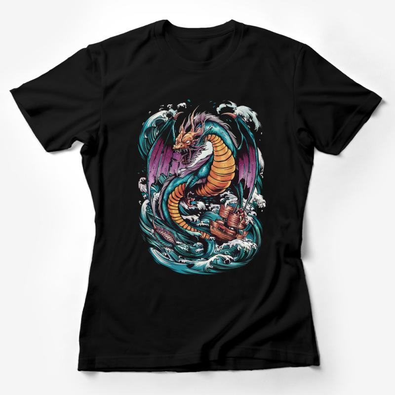 Mythical Dragon T-Shirt, Ocean Waves Graphic Tee, Fantasy Creature Art, Unisex Adult Clothing, Unique Illustration Shirt Design Female T-Shirt