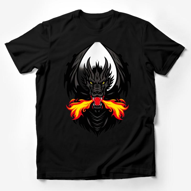 Men's Dragon Graphic Tee, Fire-Breathing Dragon Design, Fantasy Creature T-Shirt, Black and Red, Unique Illustration, Casual Streetwear Male T-Shirt