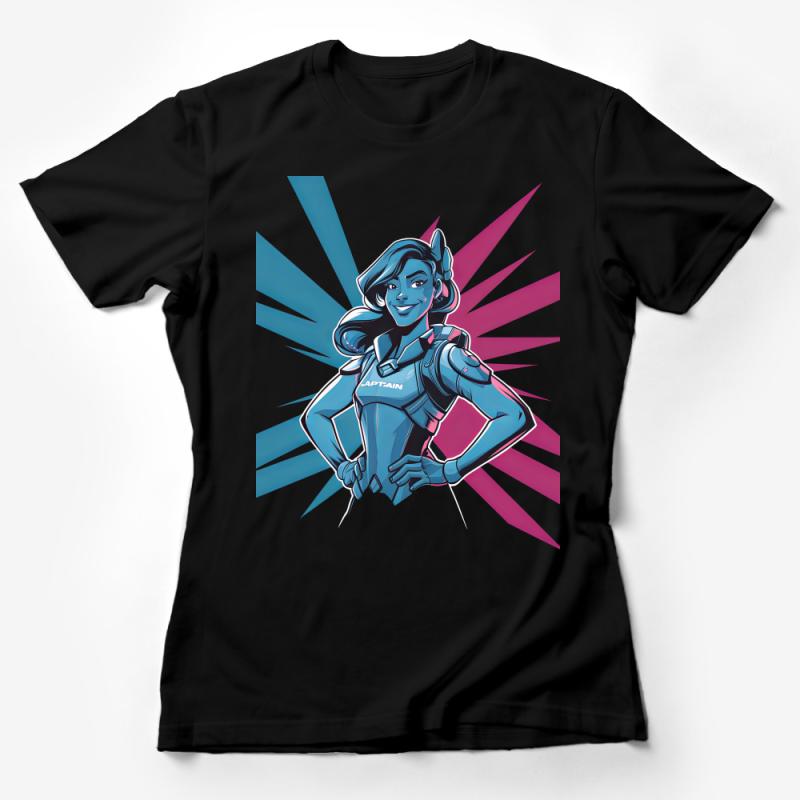 Women's Superhero T-Shirt, Colorful Comic Style Graphic Tee, Futuristic Captain Design, Casual Fashion Top Female T-Shirt