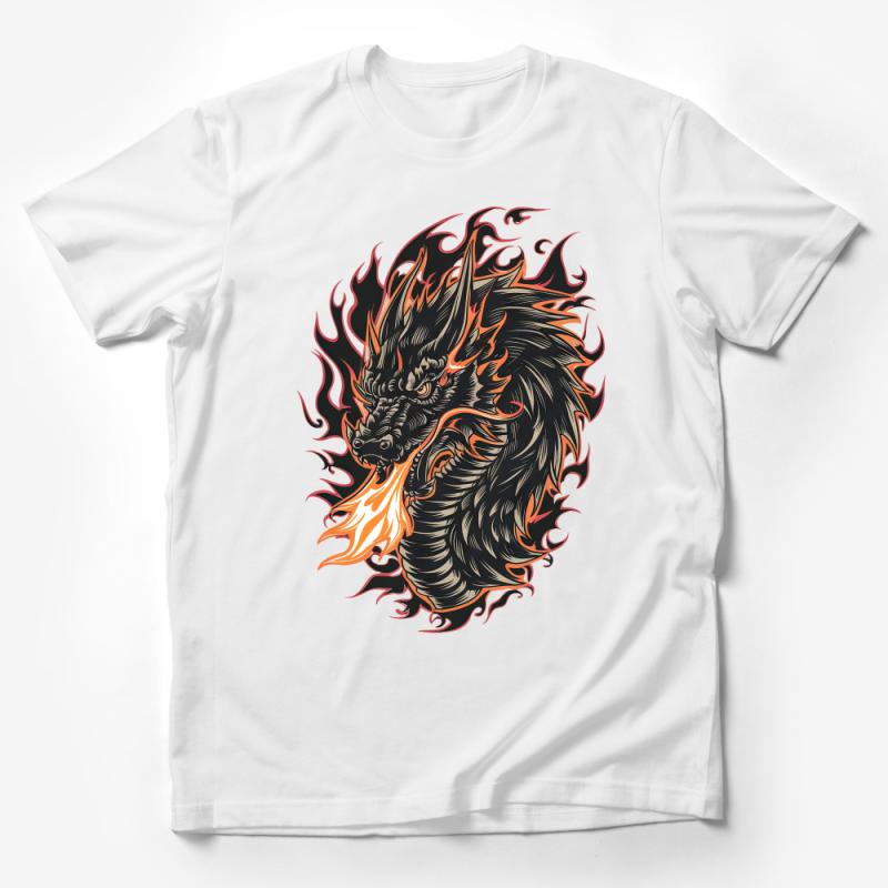 Fire Dragon Graphic Tee, Unisex T-Shirt, Mythical Creature Illustration, Fantasy Art Shirt, Cool Dragon Design, Flame Artwork Top Male T-Shirt