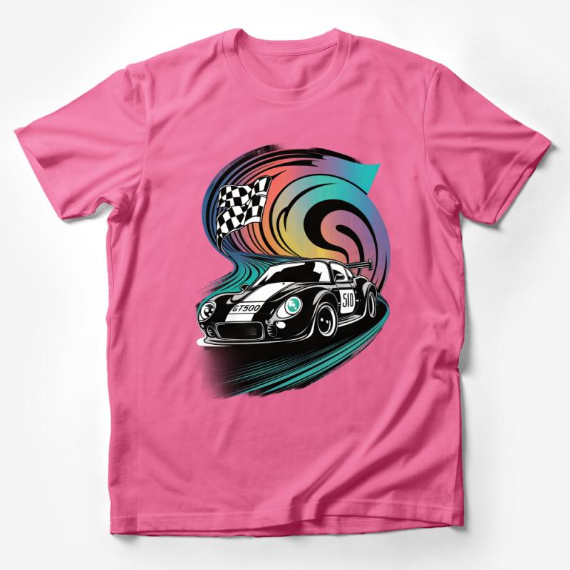 Vintage Race Car T-Shirt, Colorful Abstract Art with Checkered Flag and Swirls Male T-Shirt