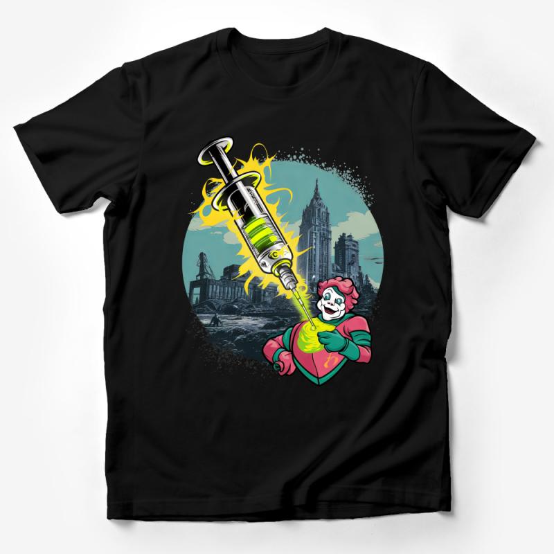 Urban Clown Graphic Tee, Colorful Cityscape Art T-Shirt, Cool Street Style Tee, Unique Illustration Shirt Male T-Shirt