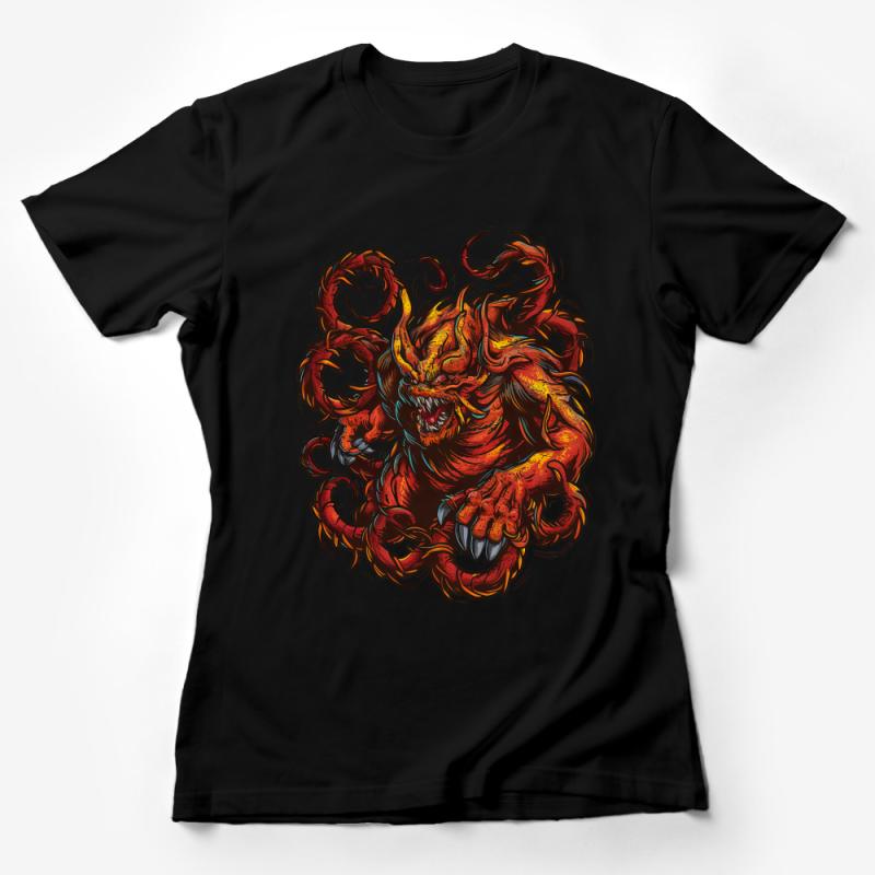 Men's Graphic Tee Fire Beast Design, Bold Red and Orange Monster T-Shirt, Unique Illustration Streetwear Shirt Art Female T-Shirt