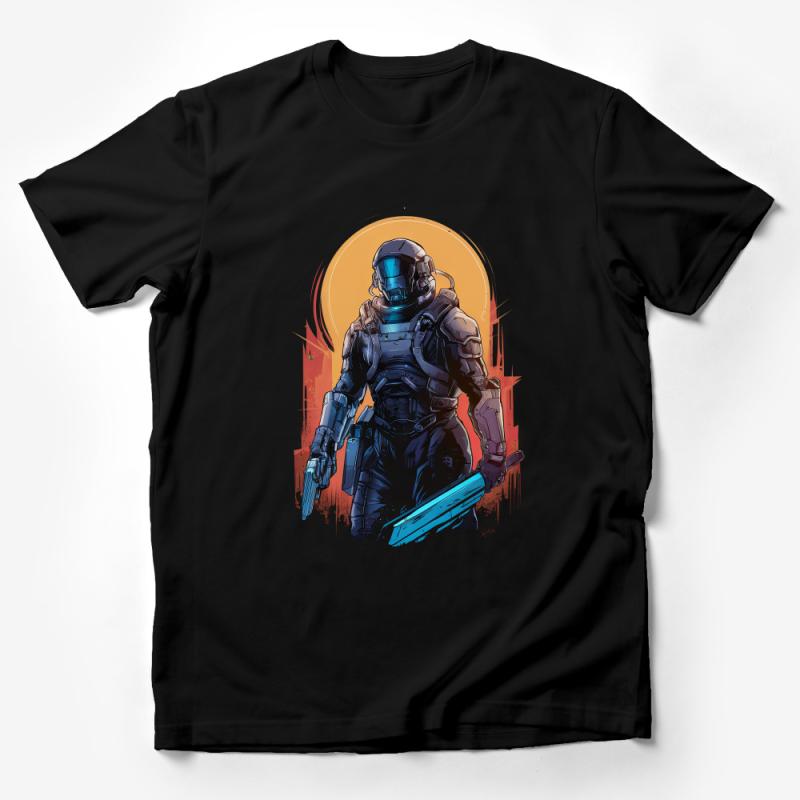 Futuristic Soldier Graphic Tee, Sci-Fi Warrior T-Shirt, Unique Cyberpunk Style Apparel Male T-Shirt