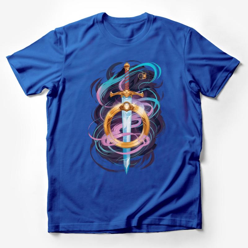 Fantasy Sword and Swirls Graphic T-Shirt, Mystical Warrior Tee, Unisex Apparel, Vibrant Colors, Unique Design Male T-Shirt