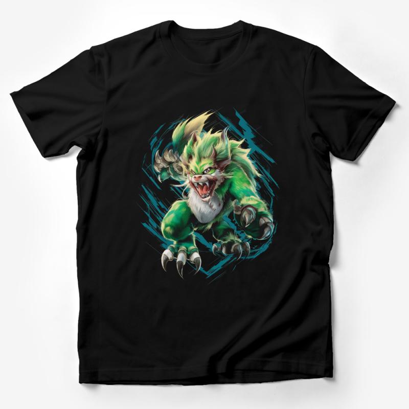 Fierce Green Monster Graphic Tee for Fantasy Lovers, Unique Beast Illustration T-Shirt Design Male T-Shirt