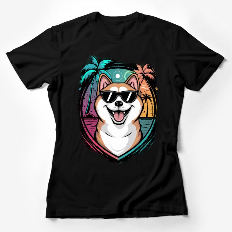 Beach Vibes Shiba Inu T-Shirt, Funny Dog Lover Summer Tee, Tropical Palm Tree Sunset Graphic Shirt, Unisex Casual Wear Female T-Shirt