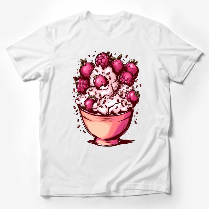 Hand-Drawn Raspberry Sundae T-Shirt, Colorful Dessert Illustration, Sweet Treat Lover Tee Male T-Shirt