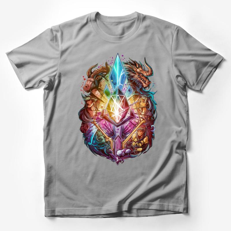 Colorful Fantasy Crystal Art T-Shirt, Unisex Fantasy Creature Graphic Tee, Mystical Animal and Warrior Design, Gift for Gamers Male T-Shirt