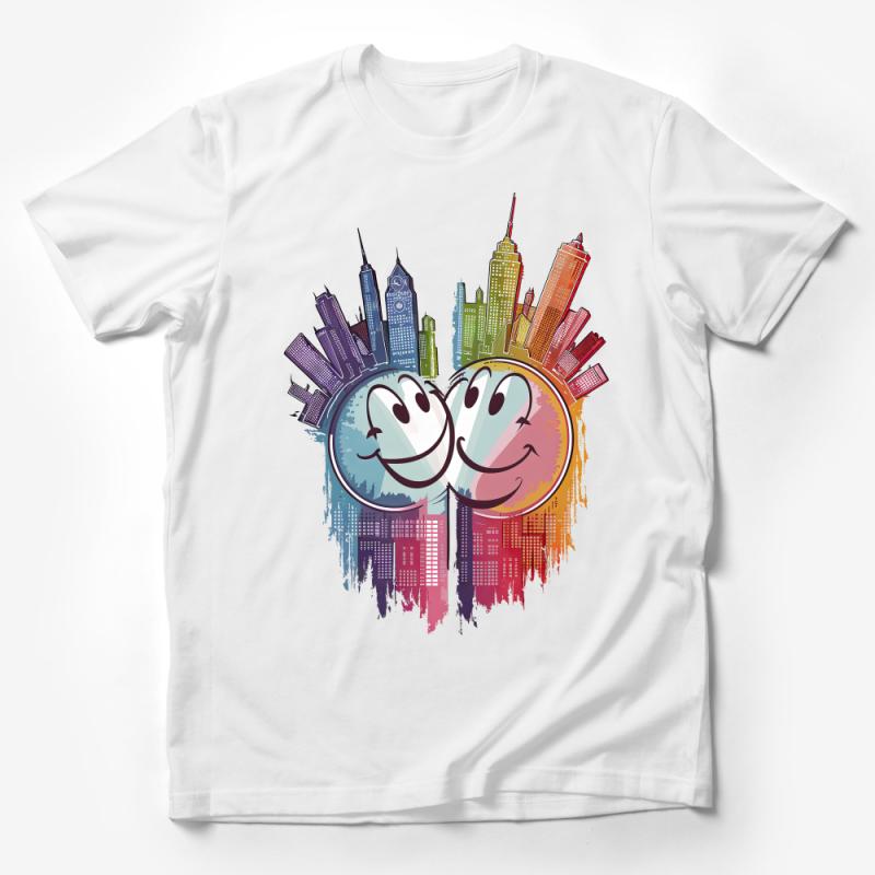 Urban Smiley Faces T-Shirt, Colorful Cityscape Graphic Tee, Casual Streetwear, Artistic Design, Unisex Clothing Male T-Shirt