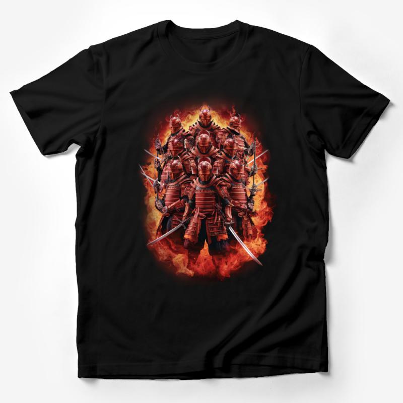 Fiery Samurai Warriors T-Shirt, Cool Martial Arts Tee, Graphic Samurai Shirt, Unique Red Warrior Design Male T-Shirt