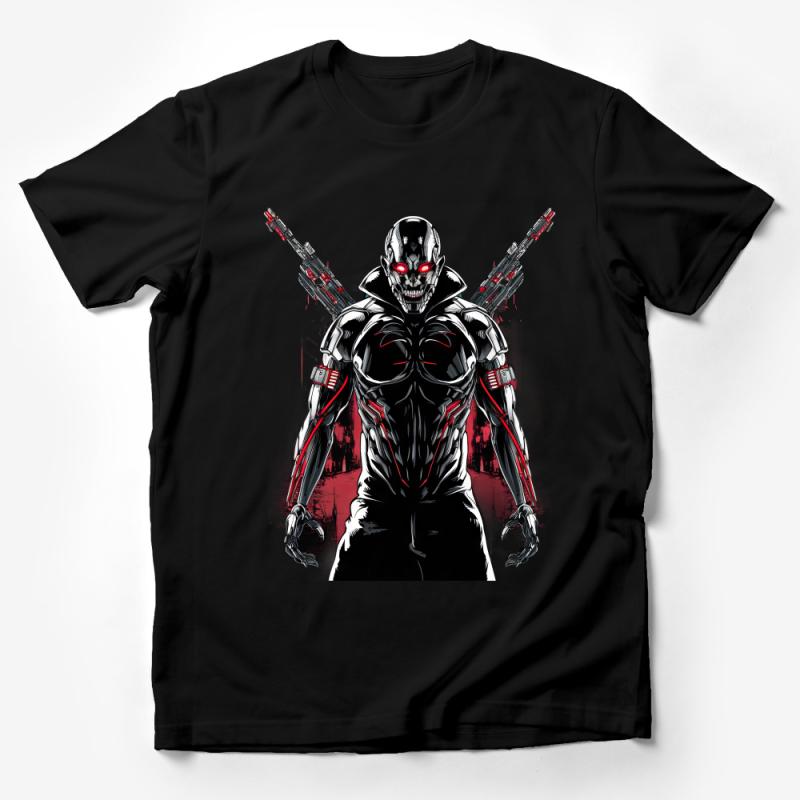 Cyberpunk Skeleton Warrior T-Shirt, Red and Black Graphic Tee, Futuristic Sci-Fi Apparel, Unisex Clothing Male T-Shirt