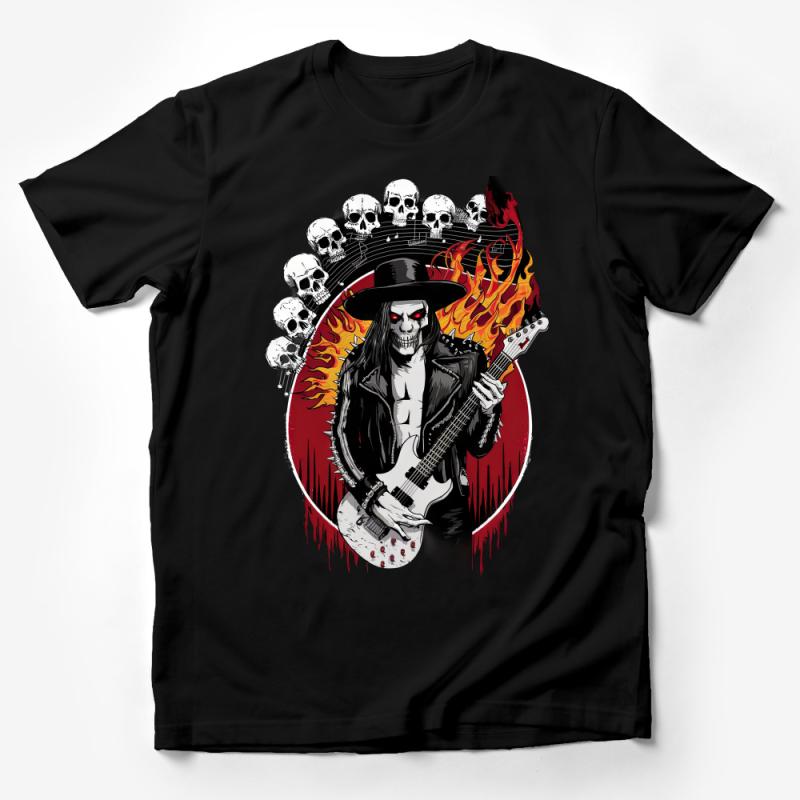 Gothic Skeleton Guitarist T-Shirt, Fiery Rock Music Lover Tee, Unisex Heavy Metal Band Shirt, Alternative Dark Fashion Apparel Male T-Shirt