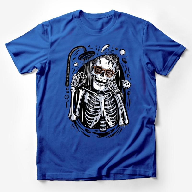 Skeleton Shower Graphic Tee, Quirky Skull with Sunglasses T-Shirt, Fun Comic Style Unisex Shirt, Cool Halloween Outfit Idea Male T-Shirt