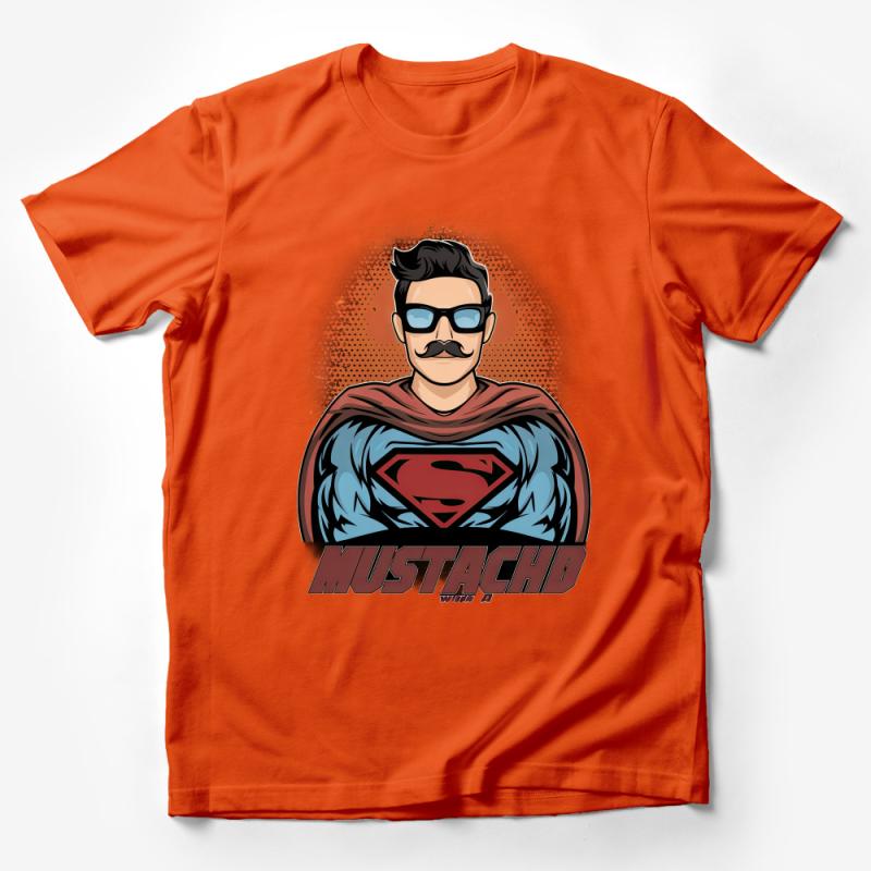 Superhero-Inspired T-Shirt with Mustache, Cool Superman Graphic Tee, Unique Gift for Comic Fans Male T-Shirt