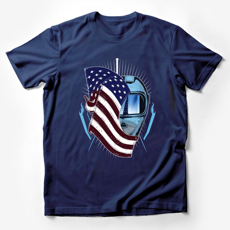 American Flag Astronaut Helmet T-Shirt, Patriotic Space Explorer Tee, Unisex Graphic Shirt, Casual NASA Inspired Apparel for All Ages Male T-Shirt