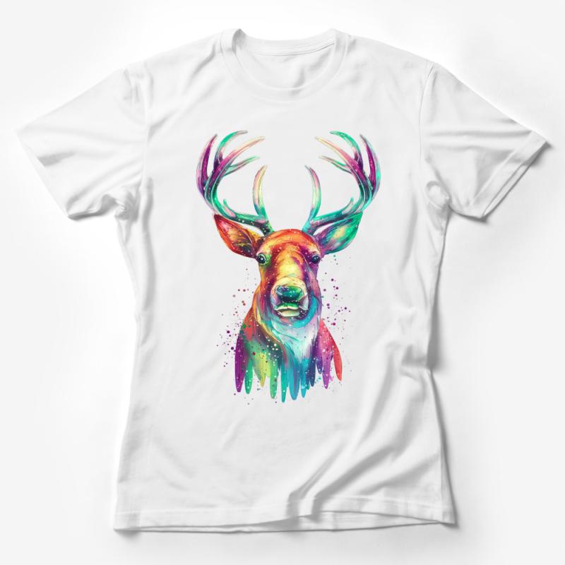 Colorful Deer T-Shirt, Rainbow Stag Tee, Watercolor Animal Print, Unisex Artistic Shirt, Abstract Wildlife Apparel, Casual Wear Female T-Shirt