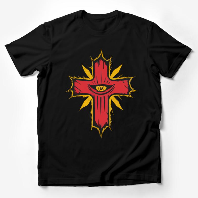 Eye of Providence Cross T-Shirt, Vintage Red and Yellow Graphic Tee, Mystical Symbol Unisex Shirt, Spiritual Casual Wear, Unique Design Male T-Shirt