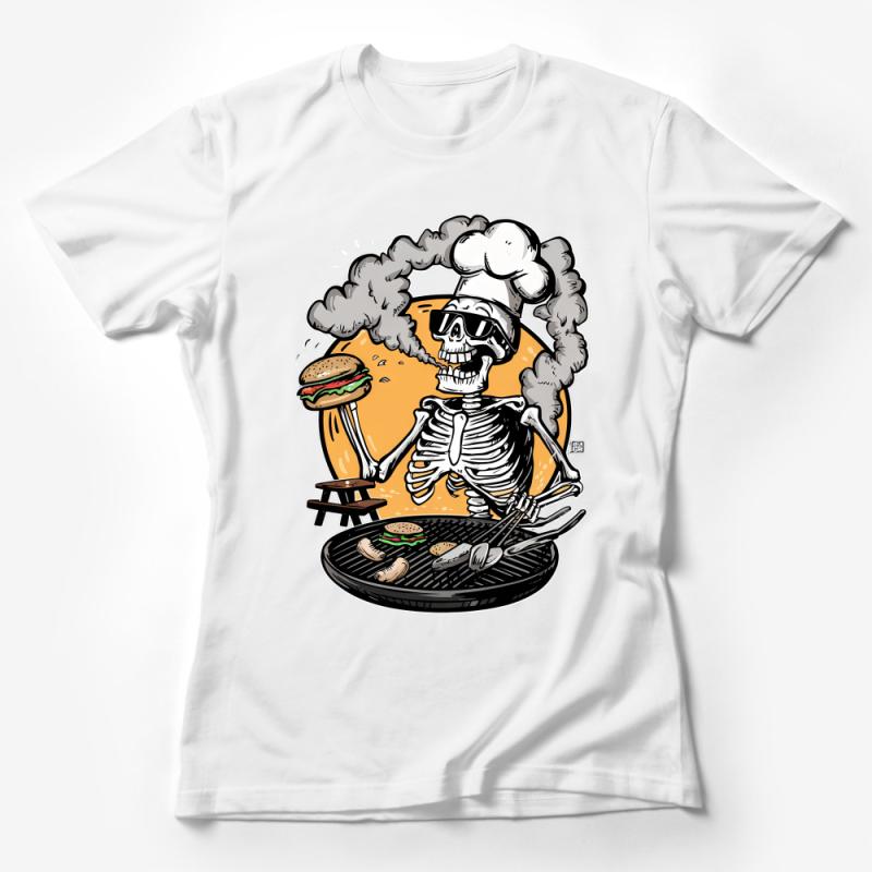 Funny Chef Skeleton BBQ T-Shirt, Grilling Skull with Burger, Unisex Grill Master Tee, Casual Barbecue Party Shirt, Foodie Gift Idea Female T-Shirt