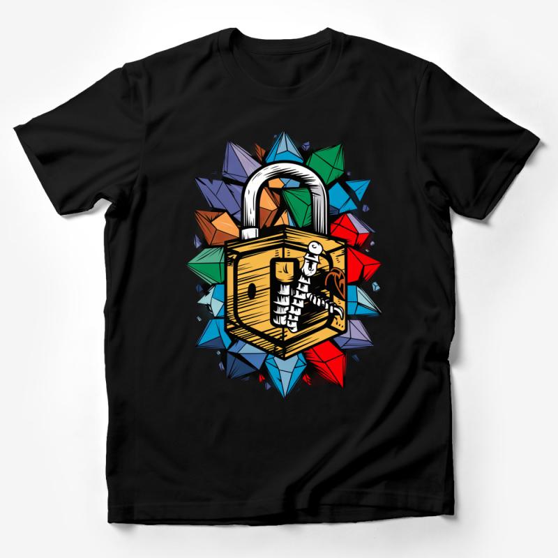 Graffiti Style Lock Print T-Shirt, Urban Street Art Tee, Vibrant Graphic Design, Comfy Casual Wear, Unisex Adult Clothing Male T-Shirt