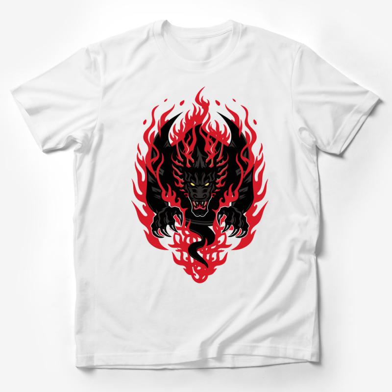 Men's Graphic T-Shirt, Fire Dragon Print, Black and Red, Casual Streetwear, Cool Flame Dragon Design Tee, Urban Style Shirt, Gift for Him Male T-Shirt