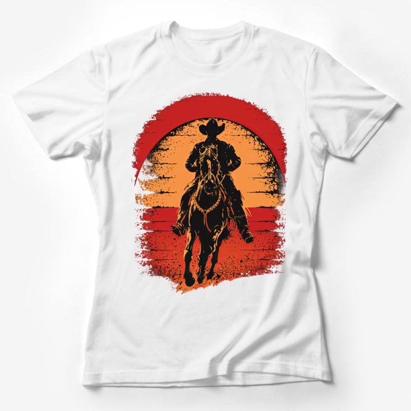 Vintage Cowboy Sunset Graphic Tee, Western Rodeo T-Shirt, Wild West Horse Riding Shirt, Unisex Apparel Female T-Shirt