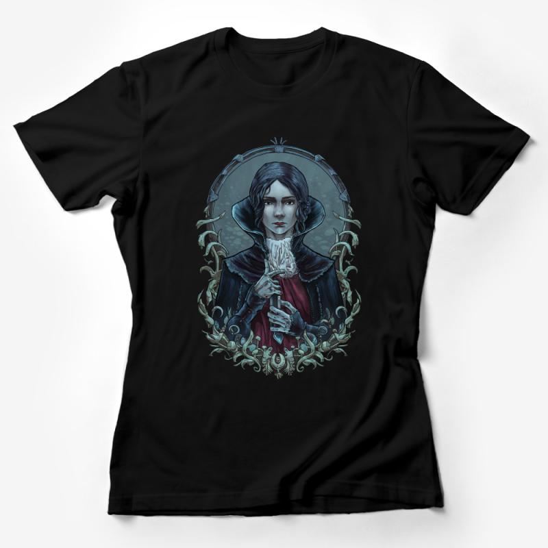 Gothic Fantasy Art T-Shirt, Dark Victorian Illustration Tee, Enigmatic Sorceress Graphic Top Female T-Shirt