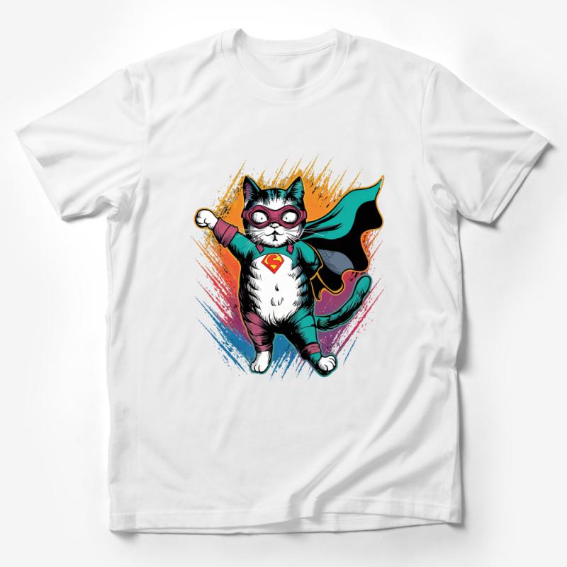 Superhero Cat T-Shirt, Colorful Feline Hero with Cape, Unisex Graphic Tee, Kids and Adults, Casual Cotton Shirt, Unique Comic Style Top Male T-Shirt