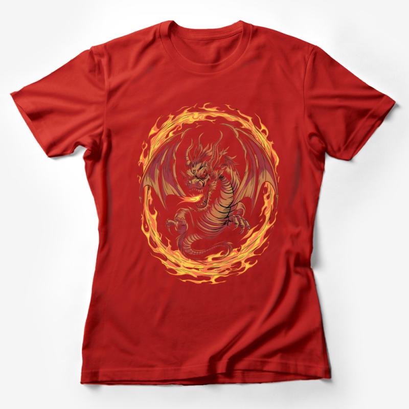 Fiery Dragon Graphic Tee, Unisex Fantasy Creature T-Shirt, Flame Circle Dragon Design, Cool Mythical Beast Apparel Female T-Shirt