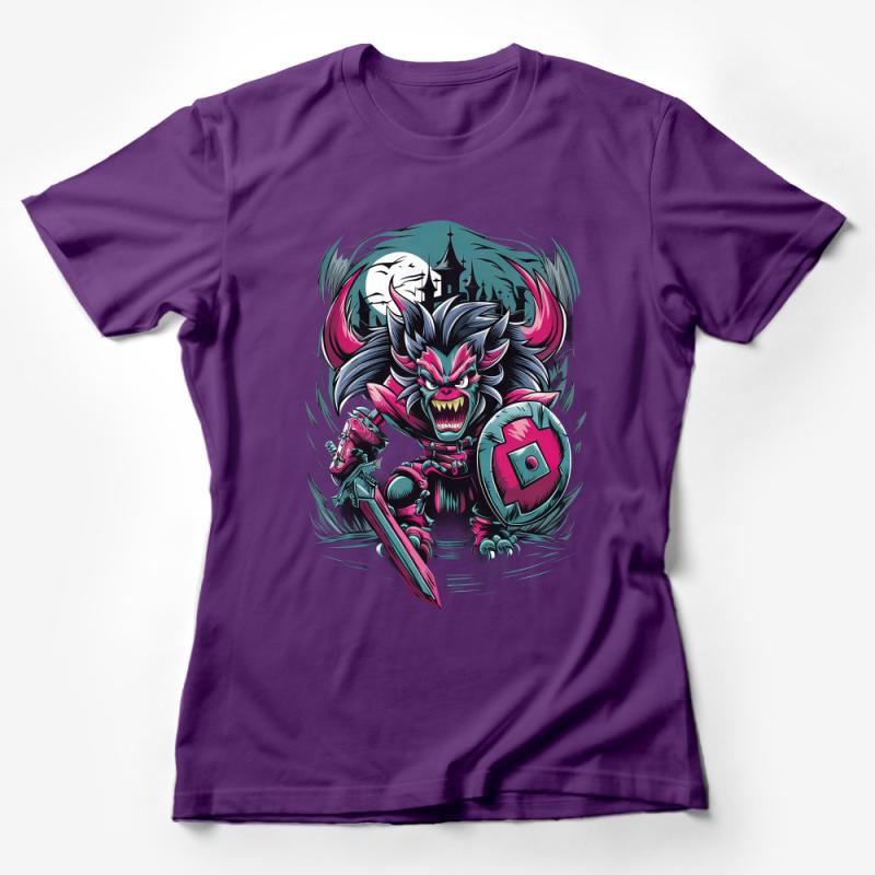 Fantasy Werewolf Knight T-Shirt, Moon Castle Graphic Tee, Unisex Gamer Shirt, Cool Monster Illustration Apparel Female T-Shirt