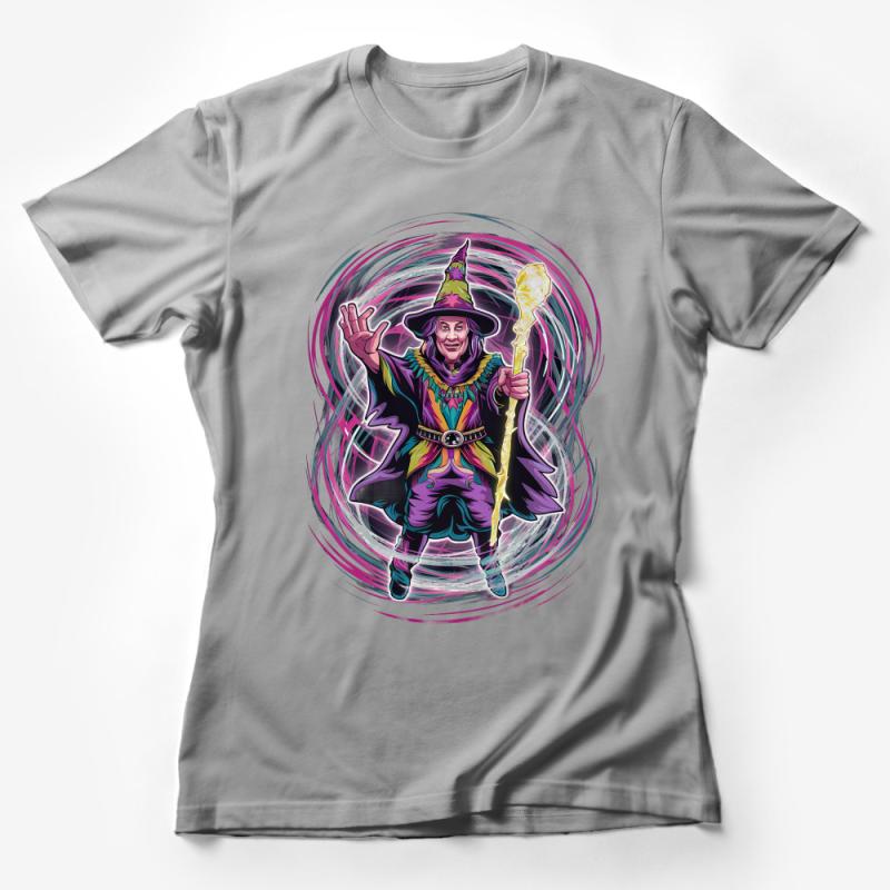 Mystic Wizard T-Shirt, Purple Robe Sorcerer with Magic Staff, Fantasy Art Tee, Gift for Gamers, Unique Graphic Shirt for Nerds Female T-Shirt