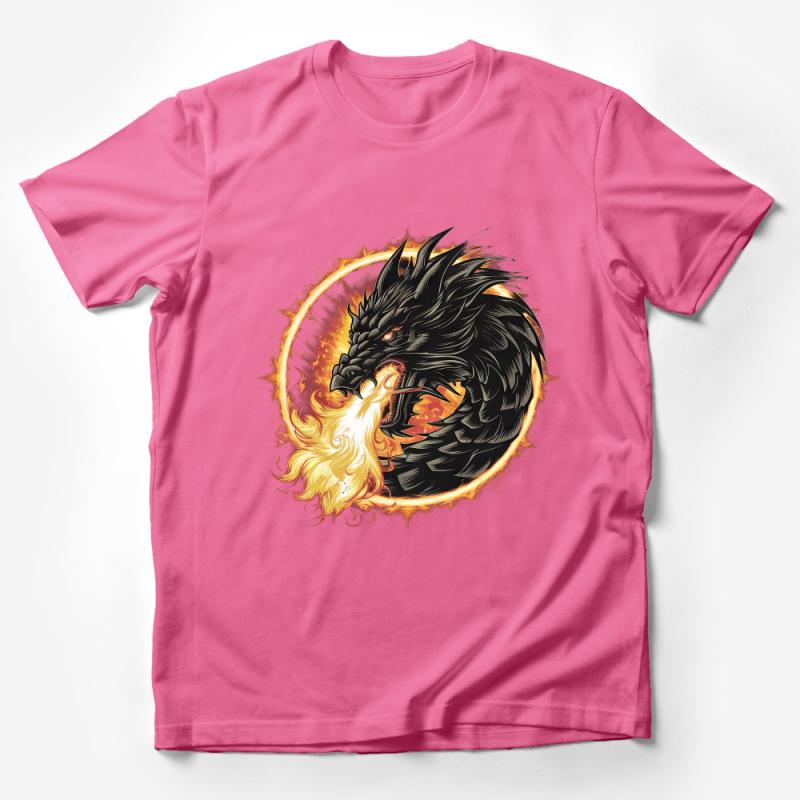 Black Dragon T-Shirt with Fiery Breath, Fantasy Creature Graphic Tee, Unisex Mythical Beast Shirt, Fire Dragon Art Clothing Male T-Shirt