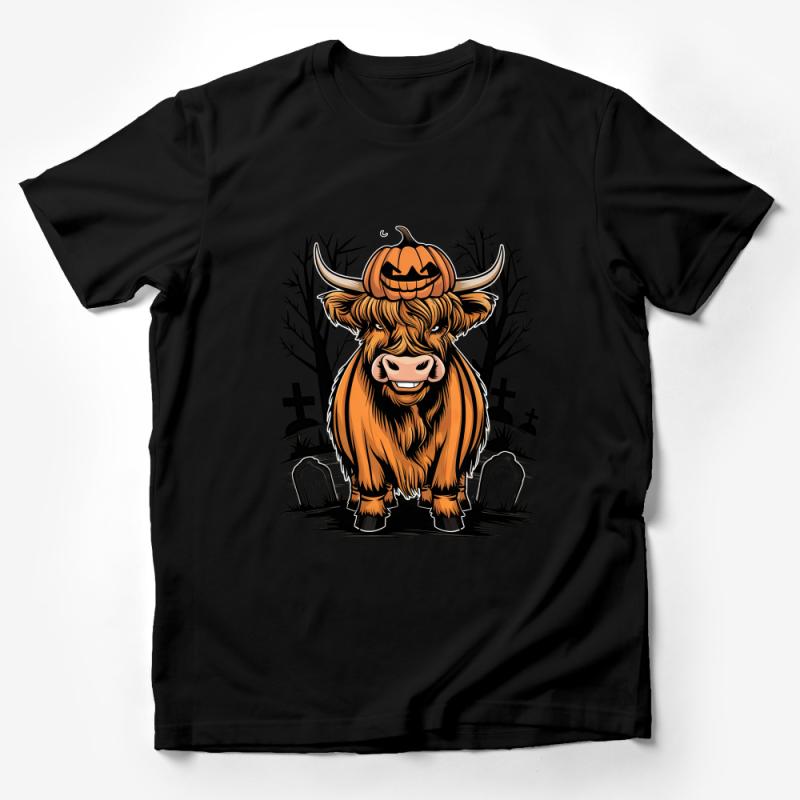 Halloween Highland Cow T-Shirt, Spooky Pumpkin Head Graphic Tee, Unisex Fall Festival Shirt, Quirky Animal Costume Top for Parties Male T-Shirt