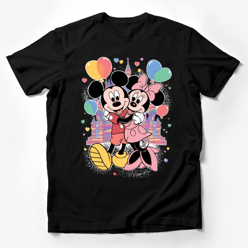 Cute Cartoon Mouse Couple T-Shirt, Colorful Balloon Graphic Tee, Family Trip Matching Shirts, Fun Theme Park Unisex Apparel Male T-Shirt