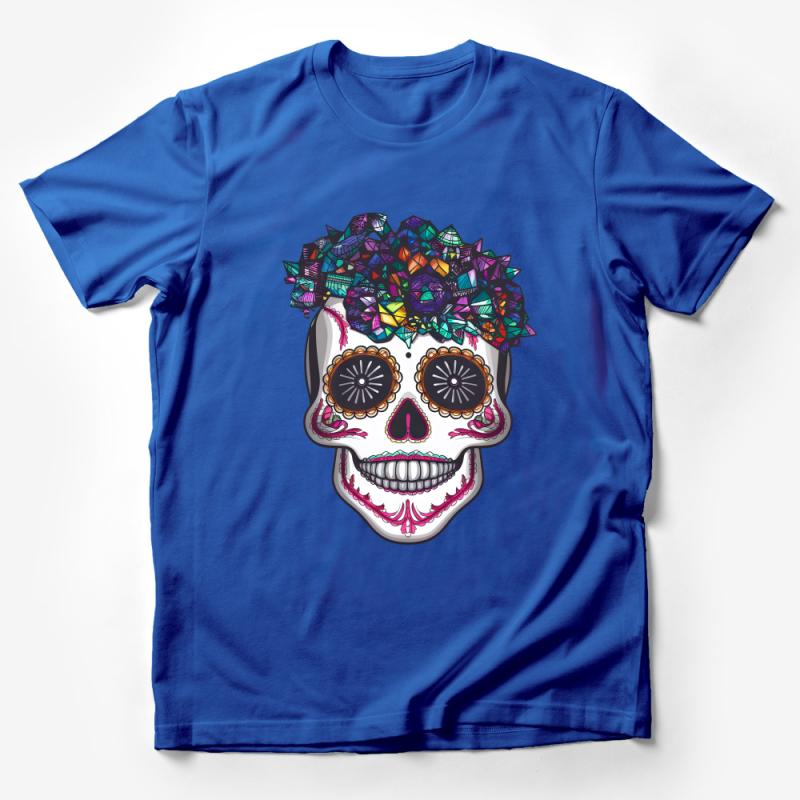 Colorful Sugar Skull T-Shirt, Day of the Dead Graphic Tee, Unisex Mexican Tradition Shirt, Vibrant Skull Art Clothing, Unique Gift Idea Male T-Shirt