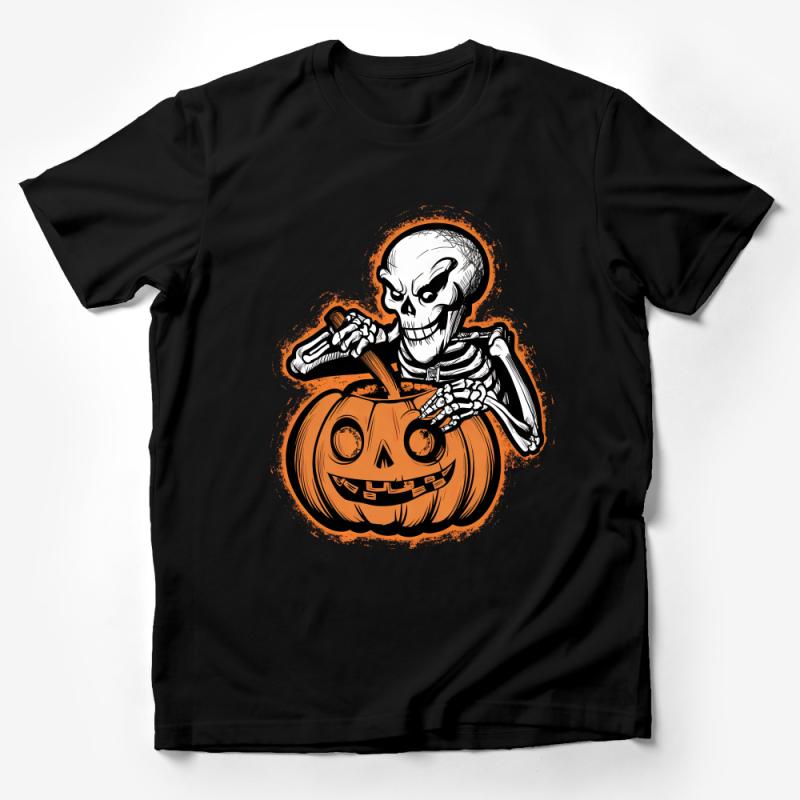 Skeleton Carving Pumpkin Halloween T-Shirt, Spooky Graphic Tee, Unisex Skull Pumpkin Shirt, Fall Festival Apparel, October Clothing Gift Male T-Shirt