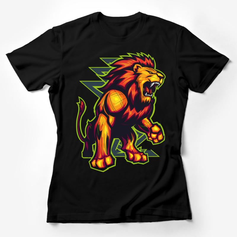 Roaring Lion Graphic Tee, Bold Orange Fire Mane Design, Unisex T-Shirt for Animal Lovers, Streetwear Style Female T-Shirt