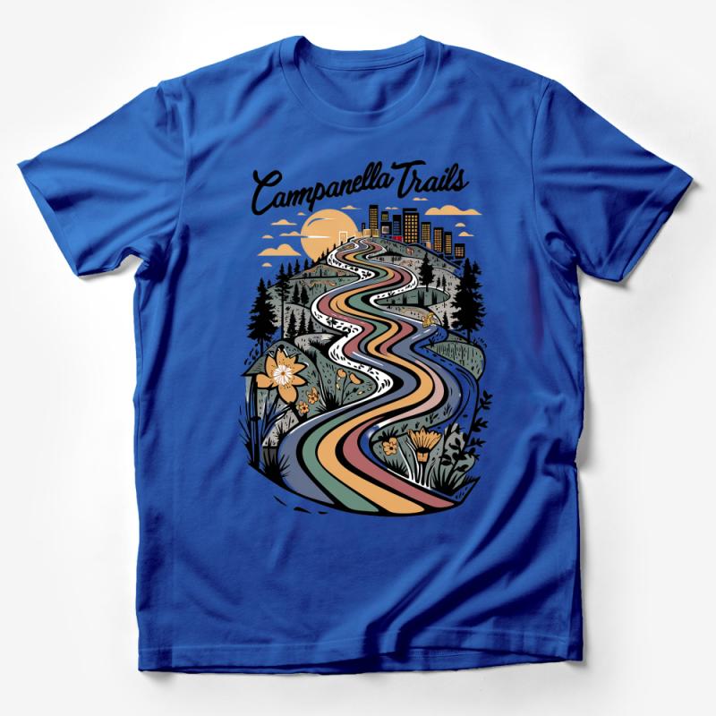 Campenella Trails Graphic T-Shirt, Nature Hiking Outdoor Adventure Tee, Sunset Mountain Road Shirt, Unisex Cotton Apparel Male T-Shirt