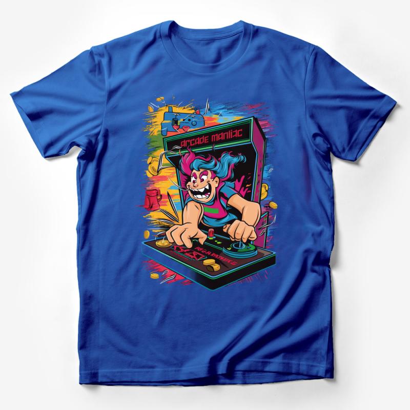 Retro Arcade Maniac T-Shirt, 90s Gamer Tee, Vintage Gaming Shirt, Colorful Neon Graphic, Unisex Male T-Shirt