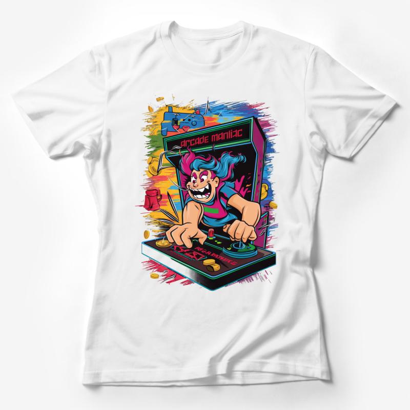 Retro Arcade Maniac T-Shirt, 90s Gamer Tee, Vintage Gaming Shirt, Colorful Neon Graphic, Unisex Female T-Shirt