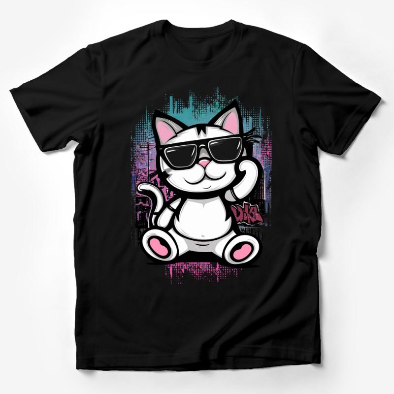 Cool Urban Cat T-Shirt, Stylish Cartoon Kitty with Sunglasses Graphic Tee, Fun Cityscape Feline Apparel Male T-Shirt