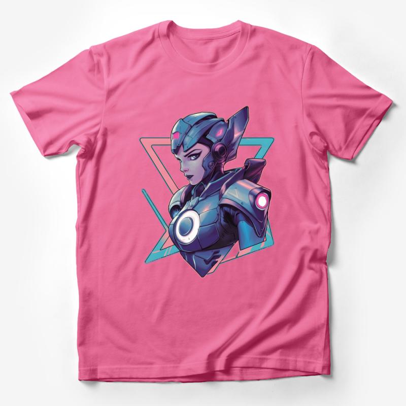 Futuristic Warrior Woman T-Shirt, Sci-Fi Armor and Helmet Design, Vibrant Colors Male T-Shirt