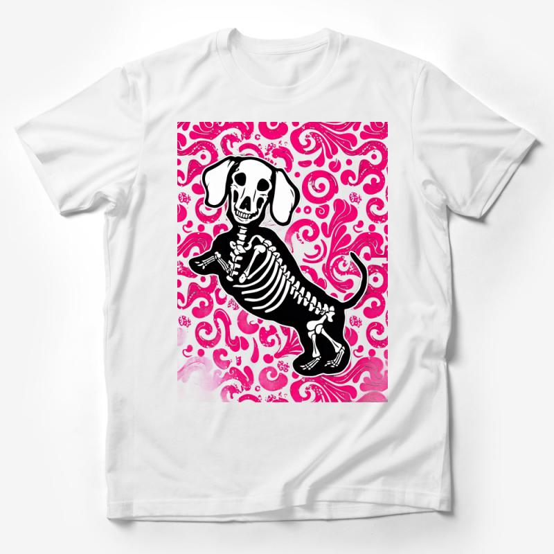 Whimsical Dog Skeleton T-Shirt, Pink Paisley Graphic Tee, Unique Animal Bones Shirt, Fun Halloween Top, Quirky Pet Lover Gift Male T-Shirt