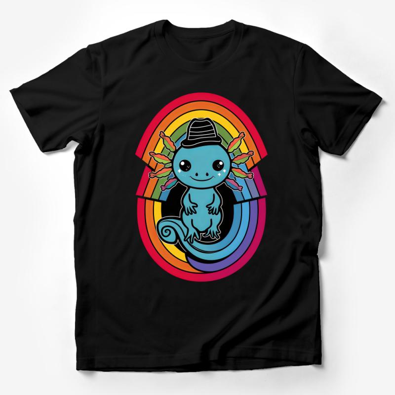 Whimsical Axolotl with Vibrant Rainbow Circle and Hat T-Shirt Male T-Shirt