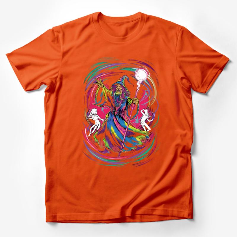 Wizard and Unicorns Graphic Tee, Fantasy Art T-Shirt, Magical Creatures, Colorful Men's and Women's Apparel Male T-Shirt