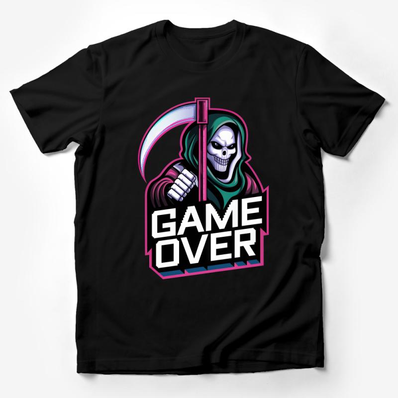 Game Over Grim Reaper T-Shirt | Cool Gaming Tee | Men's Graphic Shirt | Gamer Gift | Skull Mascot Apparel | Casual Wear | Unisex Male T-Shirt