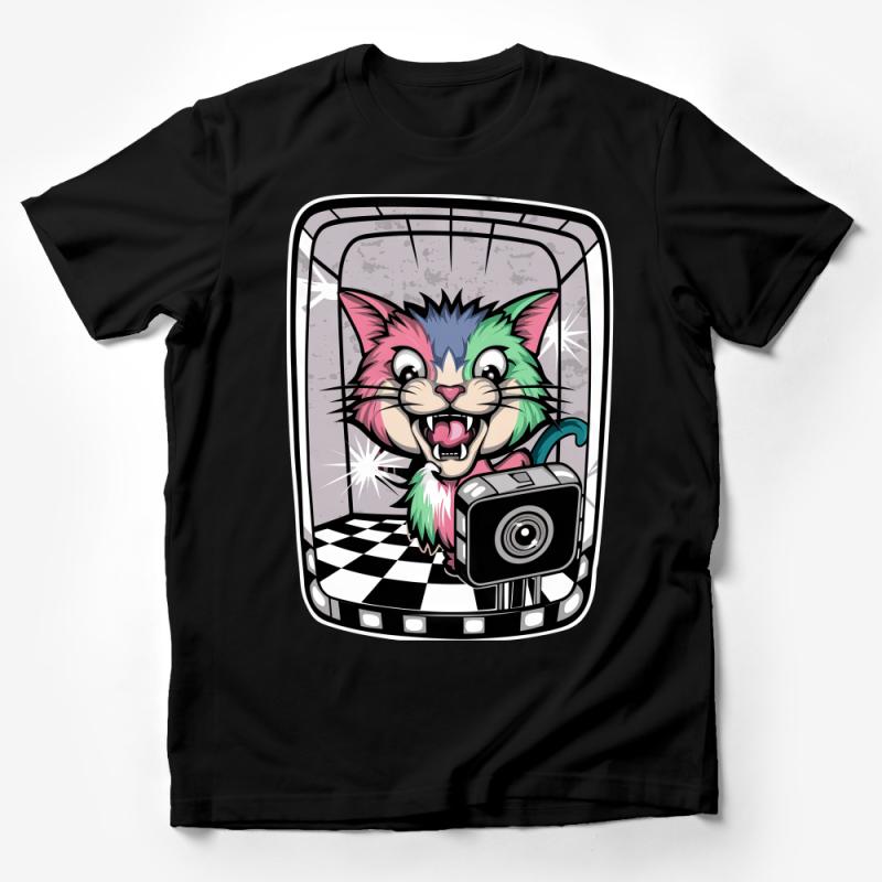 Colorful Cartoon Cat T-Shirt, Quirky Selfie Kitten Tee, Fun Feline Graphic Shirt, Unisex Casual Top, Gift for Pet Lovers Male T-Shirt