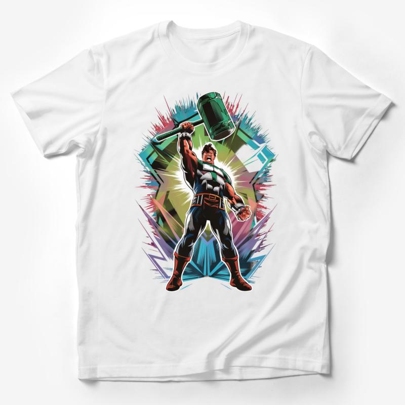 Superhero Hammer Hero Graphic Tee, Comic Style Character Shirt, Bold Colorful T-Shirt Design, Unisex Adult Clothing, Gift for Fans Male T-Shirt