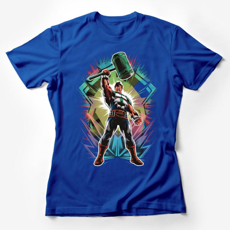 Superhero Hammer Hero Graphic Tee, Comic Style Character Shirt, Bold Colorful T-Shirt Design, Unisex Adult Clothing, Gift for Fans Female T-Shirt